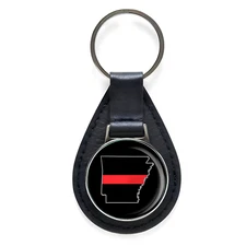 First Responder Thin Red Line Arkansas Firefighter Black Leather Keychain Silver