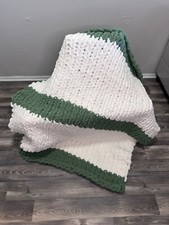 hand knitted chunky green and white throw blanket 45x51