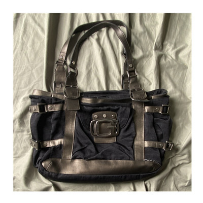 GUESS Black Silver Shoulder Bag Logo Buckle Accent Double Handles Zip