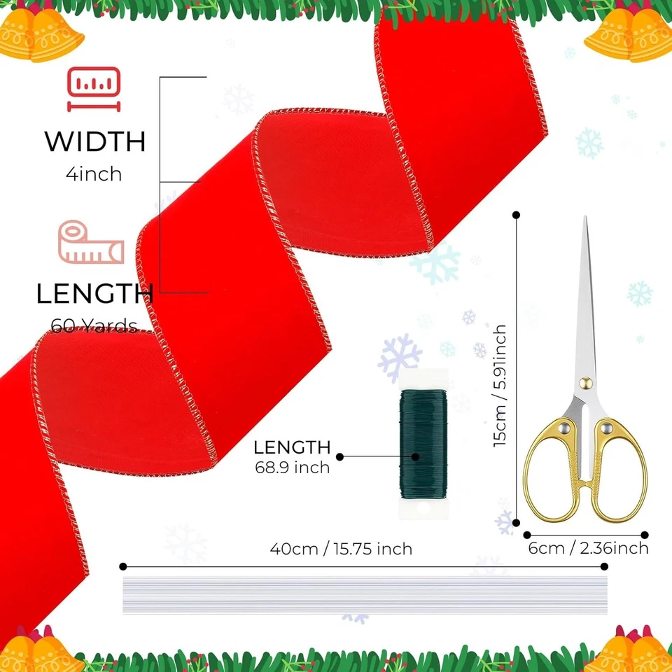 Cinta con cable de terciopelo rojo navideño de 60 yardas y 4 pulgadas con borde dorado, cinta grande... Foto 3 de 4