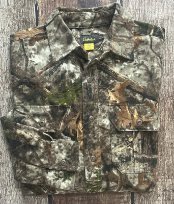 #ad CABELAS ZONZ WOODLAND CAMO WORK SHIRT MULTI MENS SMALL REG EXCELLENT CONDITION $19.99