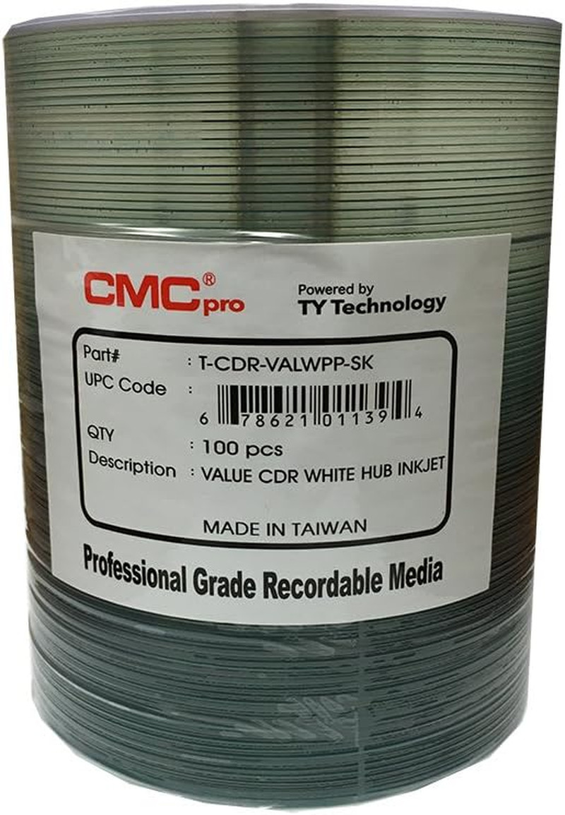 CMC Pro -Powered by TY 48X CD-R, White Inkjet Hub Printable, 100 Disc Tape Wrap,