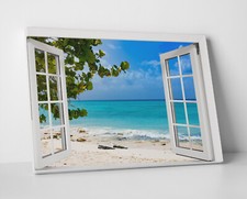 Beach View Window 3D Effect Canvas Wall Art Picture Poster Print Vinyl Sticker