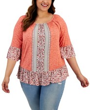 Style & Co Plus Size Printed on-Off Top, Mango Floral Sz- 0X