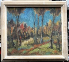 ::MONOGRAM C.R CIRCA 1930 OIL PAINTING AUTUMN FOREST FRAME EXPRESSIONIST LANDSCAPE OIL