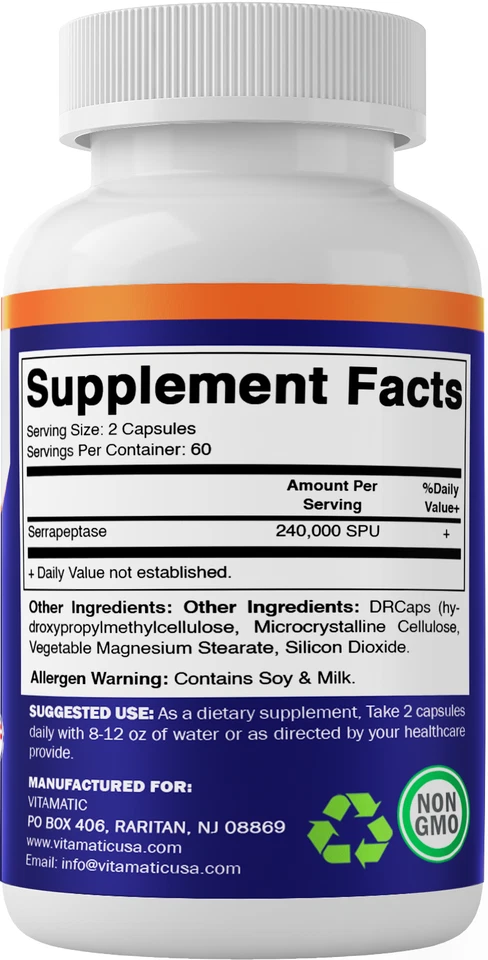 Vitamatic Serrapeptase 240.000 porciones SPU, 120 cápsulas de liberación retardada-2 paquetes Foto 4 de 4