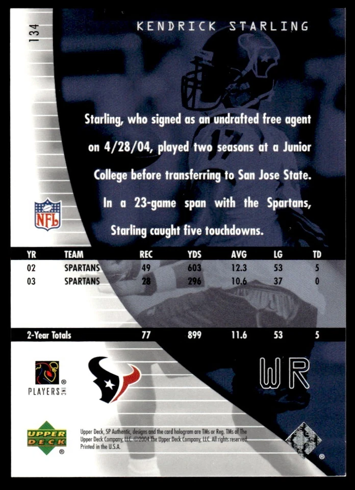 2004 SP Authentic Kendrick Starling Rookie 1024/1199 Houston Texans #134 R22 - Image 2 of 2