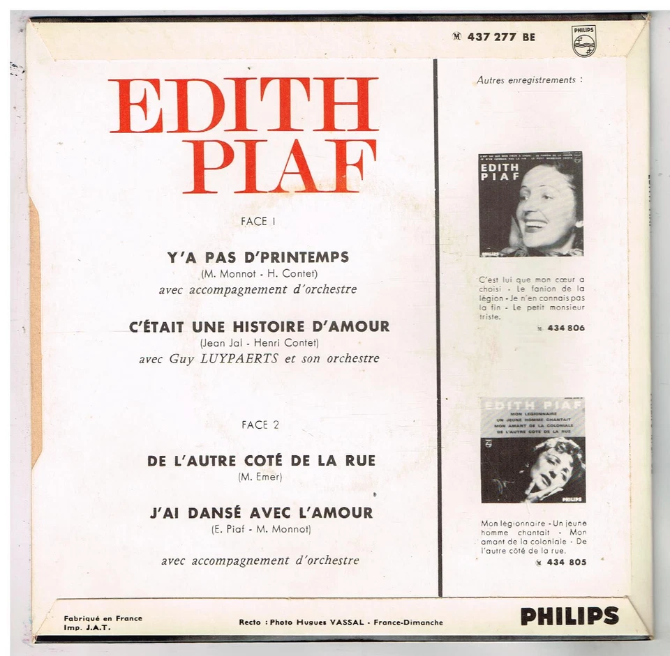 Edith PIAF      Y'a pas d'printemps         7" 45 tours EP - Photo 2/4