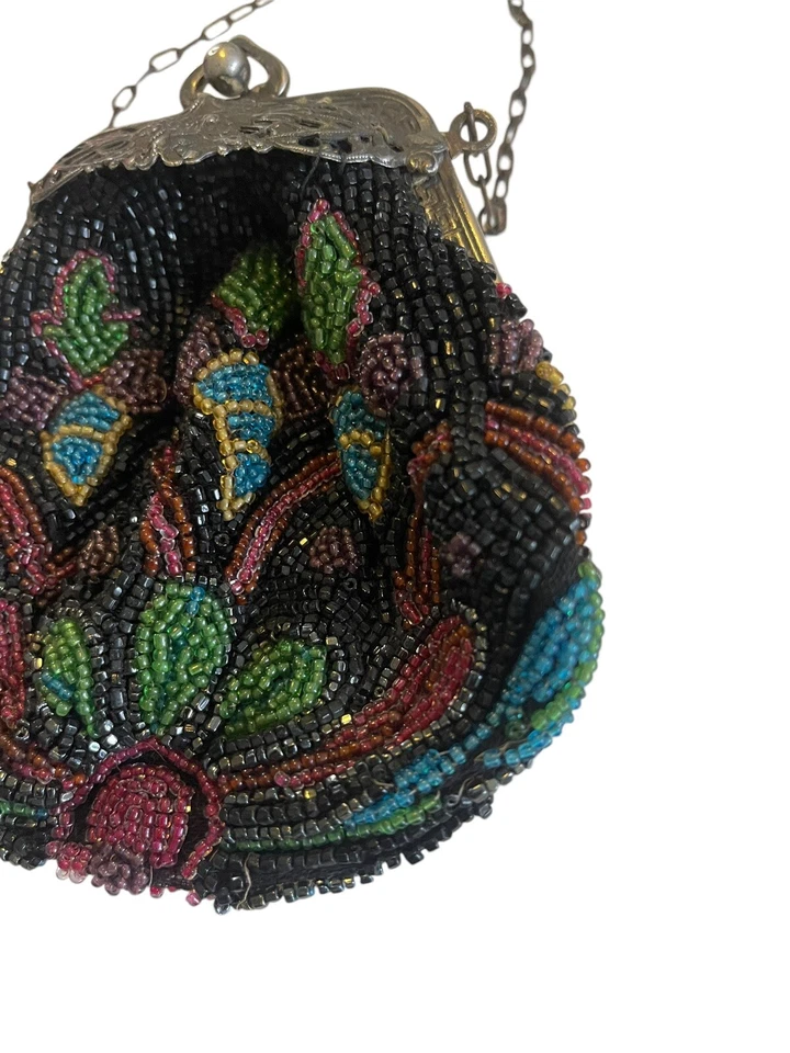 Bolso sin asas vintage con micro cuentas broche de plata bolso oscuro correa de cadena antiguo Foto 2 de 4