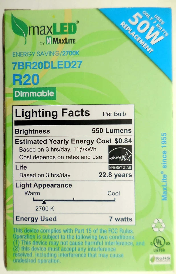 MaxLite 50 Watt (7W) LED Dimmable Light Bulb R20 7BR20DLED27 #7eh - Image 2 of 4