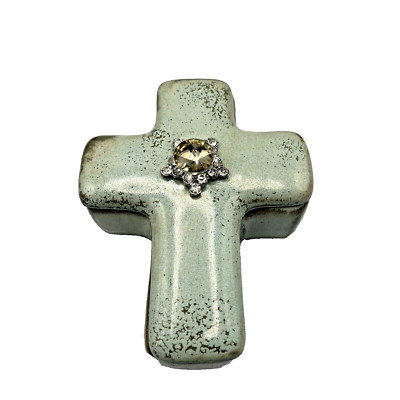 Cross Shaped Lidded Trinket Box Stoneware Pottery w/ Rhinestones & Large Stone