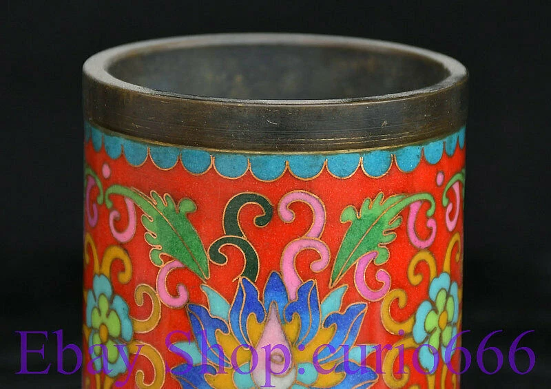 4" Old China Red Cloisonne Enamel Copper Dynasty Flower Brush Pot Pencil Vase - Imagem 2 de 4