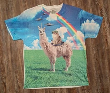 Goodie Two Sleeves cat riding llama mens white T shirt size Large
