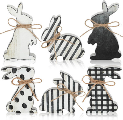 6 Pcs Easter Bunny Table Decor Black and White Bunny Decor Spring Wooden Rabbit