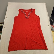 Lands' End Red Cotton Sleeveless Shift Dress Embroidered Split Neck Pockets XL P