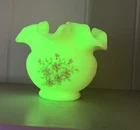Fenton Hand Painted Custard Glass Vase - Dogwood Pattern - Uranium GLOWS!!
