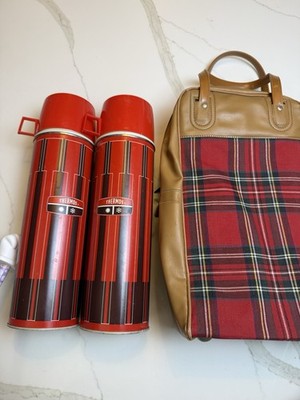 Vintage Thermos Red Plastic Thermos Set of 2 with Plaid Carrying Case