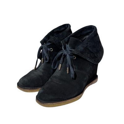 Louis Vuitton Black Suede Monogram Fold-Over Wedge Ankle Boots Size 37