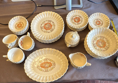 Vintage 1930s Trojan by Sebring Buddha Tudor Gold-22k Floral 47 piece dish set