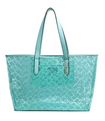 JUICY by JUICY COUTURE Clear Logo Print Beach AQUA Tote Bag  Juicy Couture Teal Clear Tote with Pink Logo main image 0