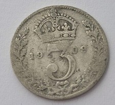 1909 King Edward VII .925 Silver UK Threepence Three Pence 3d coin 