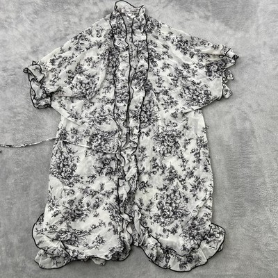 Linea Donatella Robe L XL Sheer Chiffon Floral Ruffle Lace Boudoir White Black