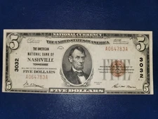 1929 $5 Bill from The American National Bank Of Nashville, TN