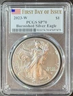 2023-W Burnished $1 American Silver Eagle PCGS SP70 FDOI Flag Label #45303