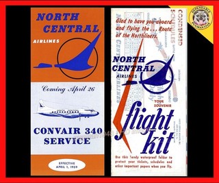 NORTH CENTRAL AIRLINES 1959 AIRLINE TIMETABLE SCHEDULE...7 piece flight packet