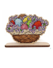 DIY Cross-Stitch Kit Basket with Easter eggs on Wooden Base for Home Decor