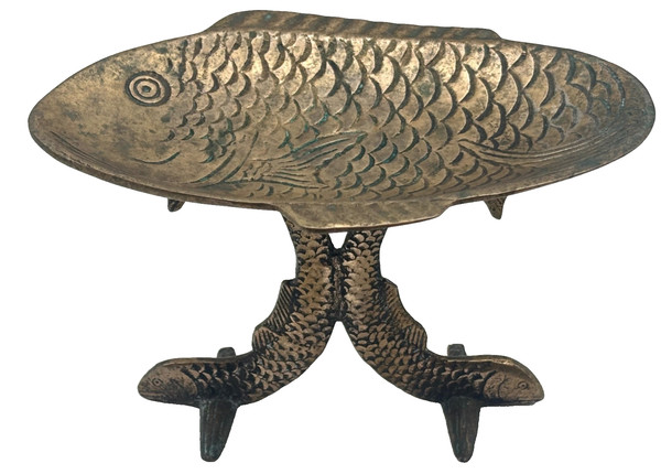 Bandeja de pescado de latón de colección, jabonera o catchall con base en forma de koi pátina pesada *Leer