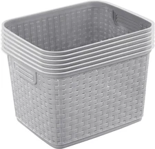 6-Pack Tall Weave Basket, Wicker-Style Plastic Open Storage Bin, Cement Gray 