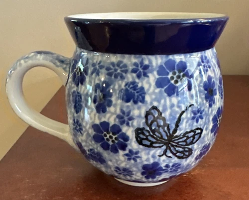 Boleslawiec Handmade Polish Ceramic Pottery Bubble Mug Dragonfly Blue Flowers