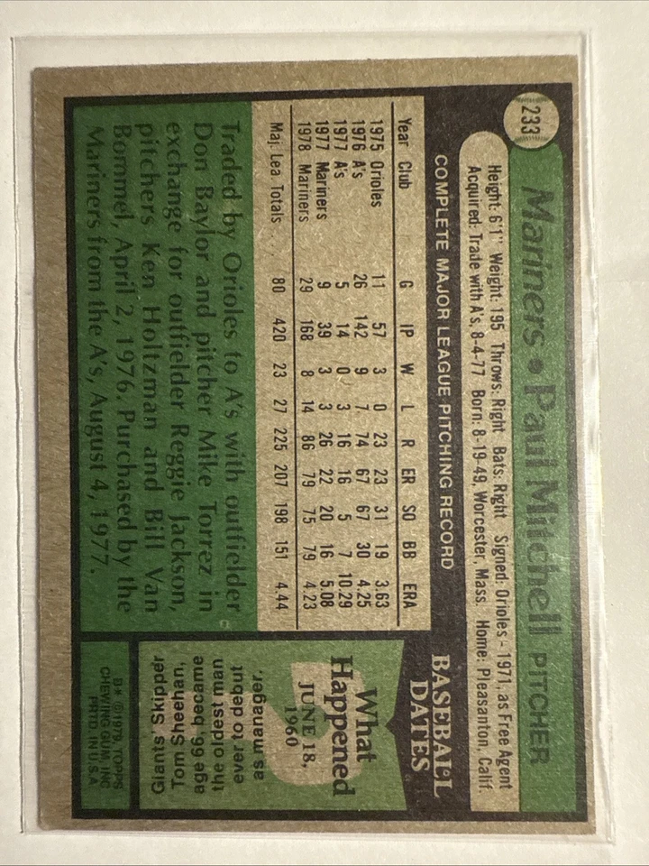 1979 Topps - Paul Mitchell #233 - Image 2 of 2