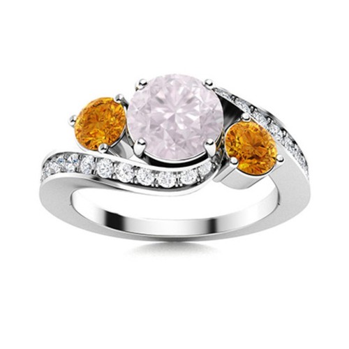 925 Sterling Silver 5MM Round Pink Quartz & Citrine Three Stone Women Ring