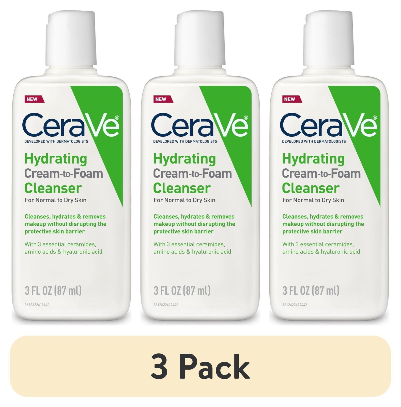 CeraVe Hydrating Cream-to-Foam Facial Cleanser Travel Size 3-Pack, 3 fl oz each