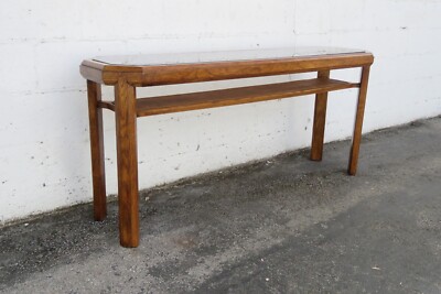 Hollywood Regency Wood and Caning Glass Long Narrow Library Console Table 5770