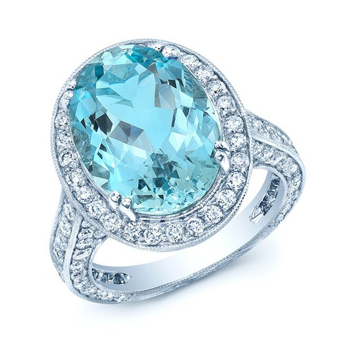 18K White Gold Aquamarine Diamond Oval Halo Ring Cocktail 15x11 MM Natural 7 - Picture 1 of 2