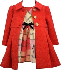 Bonnie Jean Baby Girl's Christmas Holiday Santa Red Gold Plaid Dress Coat Set