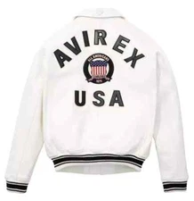 Men AVIREX WHITE Real Bomber American Flight Jacket Leather Jacket FAST SHIPPING