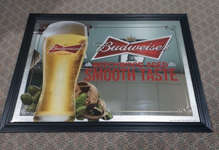 Budweiser Beer Mirror- 33”x23” Black Frame “Beechwood Aged