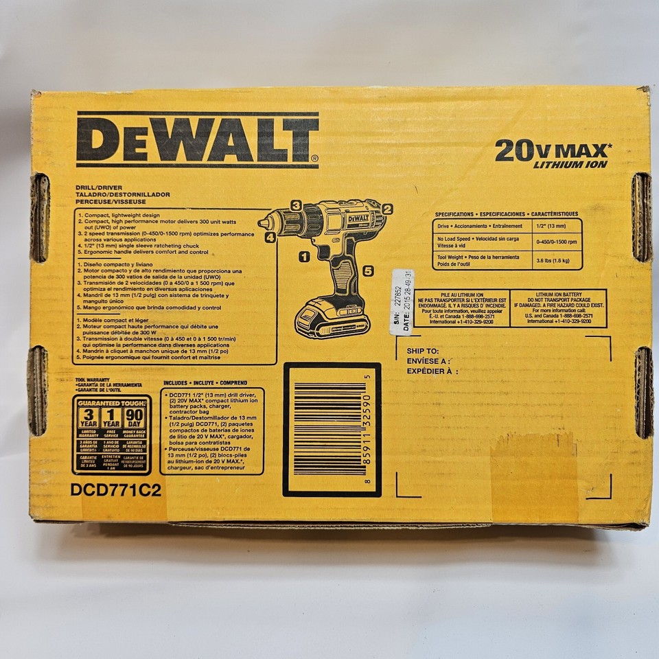 DEWALT DCD771C2 20V MAX 1/2" Compact Drill Driver Kit w/ 2 Batteries
