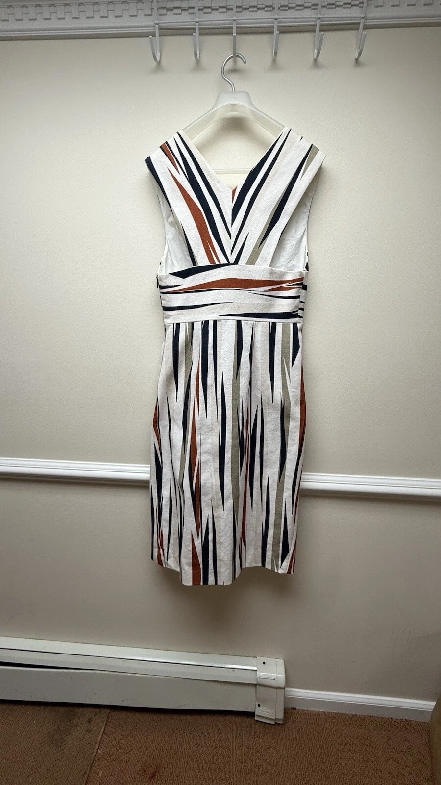 Abito midi Bottega Veneta arancione blu navy bianco lino senza maniche scollo a V 44 46 nuovo con etichette