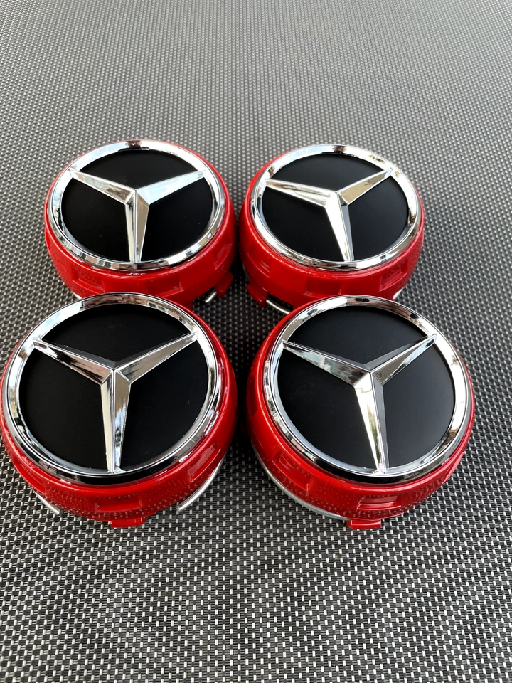 MERCEDES BENZ SET OF 4 BLACK - RED OUTLINED 75 mm/2.95in Wheel Center Caps - Image 2 of 4