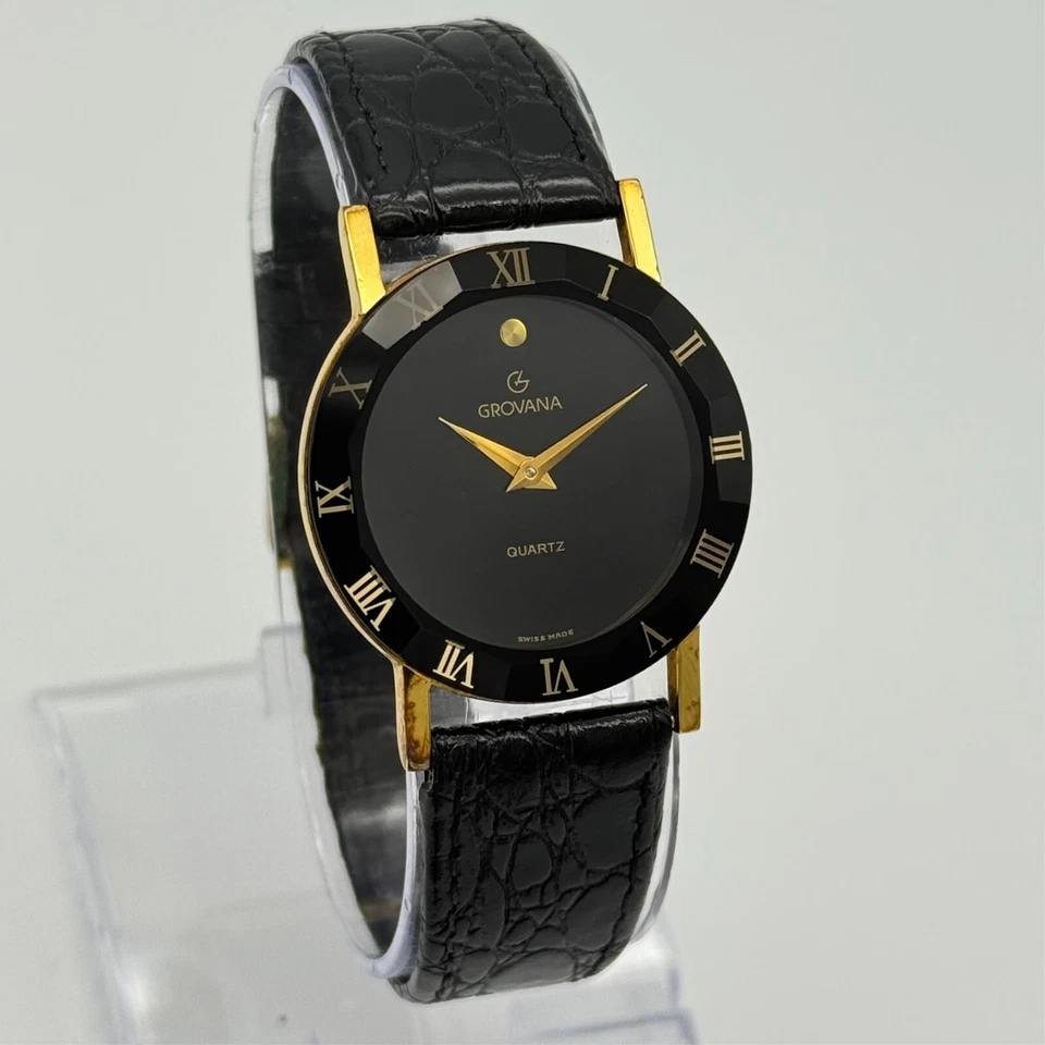 Reloj de cuarzo suizo vintage años 80 para mujer GROVANA, tono dorado/negro, cuero, 32 mm Foto 2 de 4