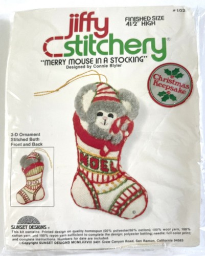 Kit de adornos Jiffy Stitchery Merry Mouse in a Medias Navidad 102 4,5" 3D De colección 1978 - Imagen 2 de 4