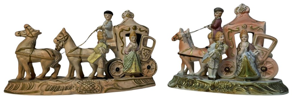 Vintage Victorian Coach Horses Carriage Family Made In Occupied Japan Lot Of 2