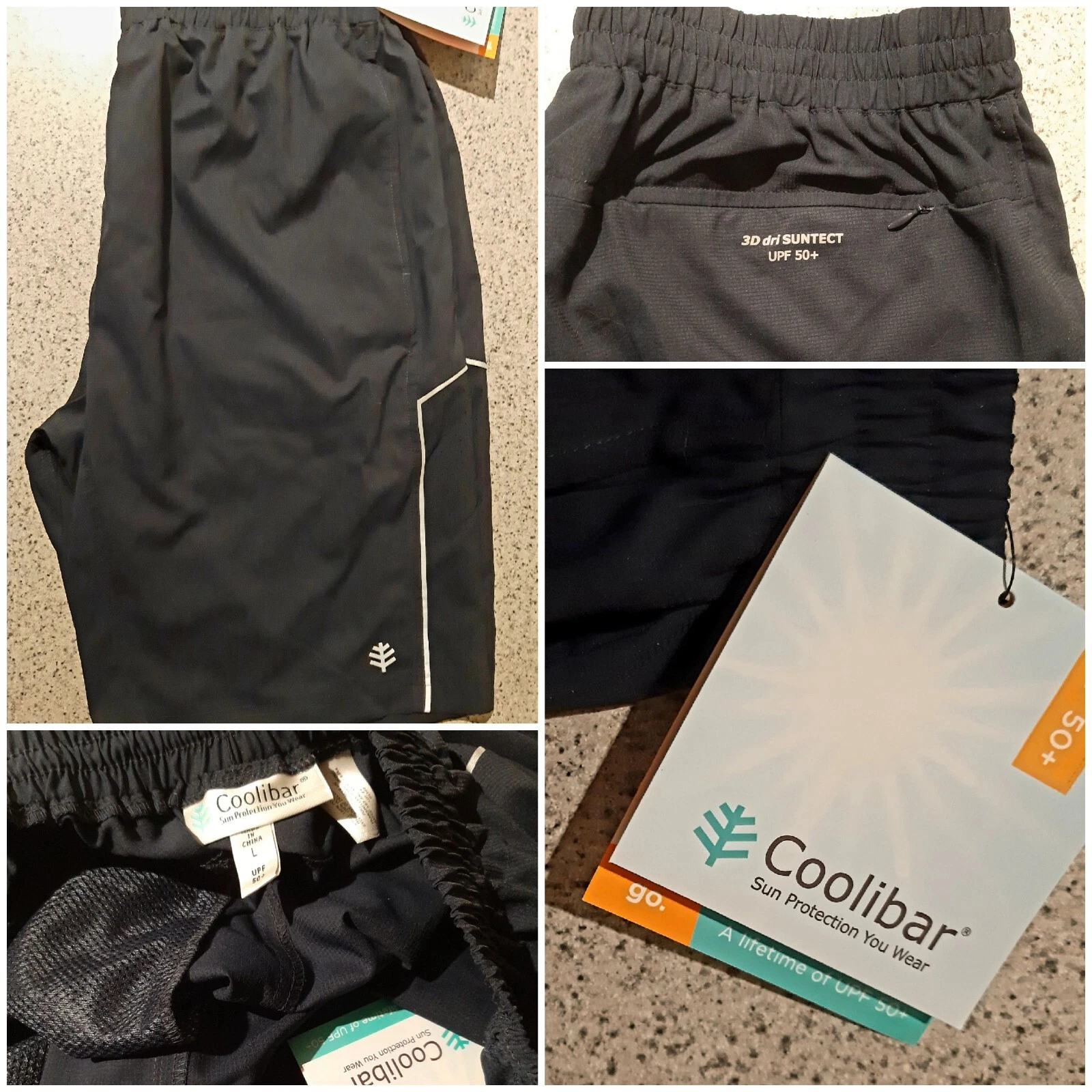 New Coolibar UPF 50+ Sports Lightweight Shorts Navy Blue Silver Sz Mens Large