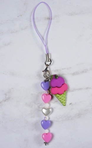 Ice Cream Cone Heart Handmade Cell Phone Charm Lanyard Strap Purple Pink New - Photo 2 sur 4