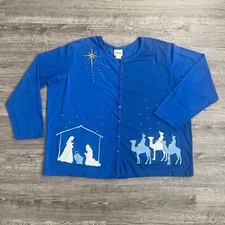 VTG 90s Collections Etc Blue Christmas Baby Jesus Manger Wisemen Cardigan Sz 2XL